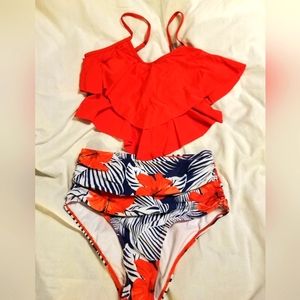 High waisted  two piece  swim slimming ruffle accent NWT med